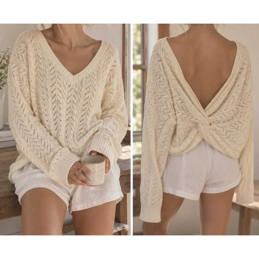 Pointelle Sweater Twist Back V Neck XL Cream Boho Knit Layer Clean Girl Romantic